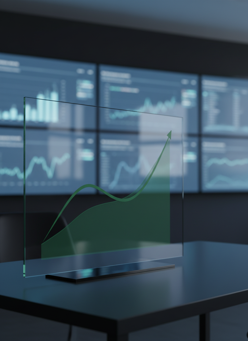 A sleek, dark green line chart with smooth, ascending curves representing market growth, displayed on a thin, bezel-less glass monitor resting on a matte black desk surface. In the background, softly blurred financial dashboards and muted blue graphs glow faintly on larger wall-mounted screens. Cool, diffused office lighting reflects subtly on the monitor’s glossy edges, creating clean highlights without glare. Shot at an eye-level angle with a shallow depth of field that keeps the main chart in razor-sharp focus, the composition uses the rule of thirds for balance. The mood is professional, analytical, and optimistic, with photographic realism and a clean, modern aesthetic that conveys clear, data-driven money momentum.