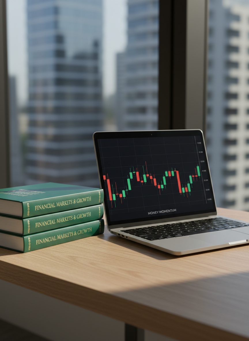 A neat arrangement of emerald-green hardcover finance books stacked beside a brushed aluminum laptop displaying a clear candlestick stock chart with green upward bars on a dark theme. Both objects sit on a light oak desktop with a subtle grain pattern, in front of a large window revealing an out-of-focus city skyline of glass towers. Late afternoon natural light pours in, casting soft, directional shadows and creating gentle reflections on the laptop’s metallic surface. Captured from a slightly elevated three-quarter angle with moderate depth of field, the scene feels disciplined and aspirational. The photographic style is crisp and modern, emphasizing personal finance learning, market movements, and building money momentum through knowledge and technology.