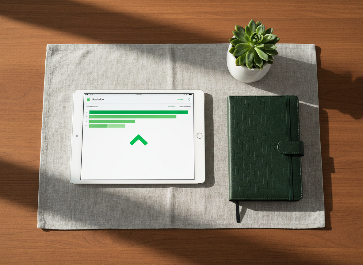 A minimalist home investing setup featuring a slim, silver tablet lying flat on a walnut wood table, its screen displaying a clean portfolio dashboard with green performance bars and a bold upward arrow. Next to it, a dark green leather notebook with embossed geometric patterns rests atop a subtle gray linen placemat. A small, glossy white ceramic planter holds a vibrant green succulent, adding organic texture. Soft morning sunlight filters through an unseen window, washing the scene in warm, natural light and casting long, gentle shadows. Captured from a top-down, bird’s-eye view with sharp focus across the frame, the composition is tidy and balanced. The photographic aesthetic is calm, professional, and reassuring, embodying steady, thoughtful personal finance management at home.