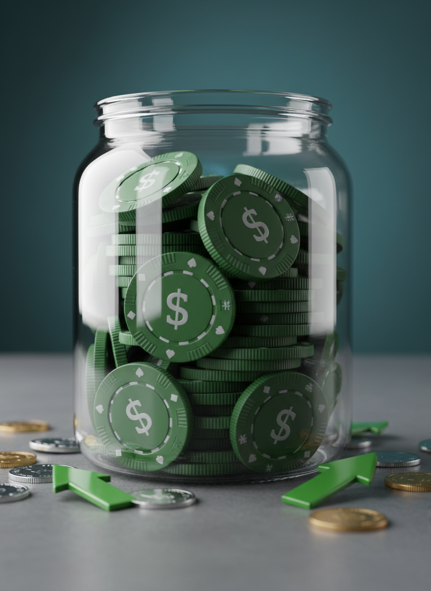 A close-up of a transparent glass jar overflowing with neatly stacked, deep green poker-style chips embossed with small currency symbols, each chip showing precise ridged edges and a satin finish. The jar stands on a smooth, slate-gray surface, surrounded by scattered metallic coins and a few miniature, glossy green arrows pointing upward. Soft studio lighting from the upper left creates bright highlights on the glass curves and gentle shadows beneath the jar, enhancing every texture. The background fades into a defocused gradient of dark teal and charcoal, creating a sense of depth. Shot at a low, slightly tilted angle with shallow depth of field, the mood is energetic yet controlled, symbolizing accelerating savings and compounding money momentum in a polished, photographic realism style.