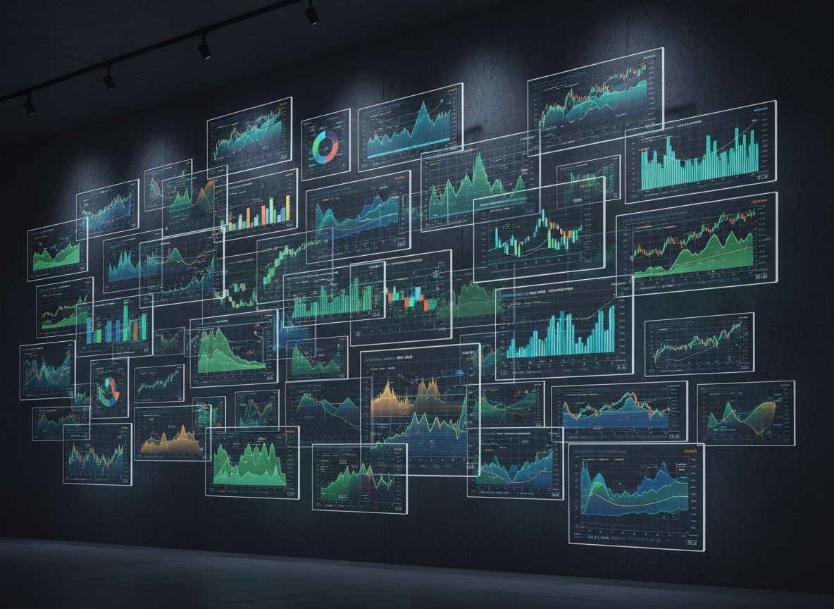 An abstract financial dashboard wall composed of multiple ultra-thin, frameless digital panels, each showing different market movement visualizations: green heat maps, smooth equity curves, currency graphs, and rotating 3D bar charts. The panels float against a dark, matte charcoal wall with subtle texture, like a modern trading command center without visible cables or clutter. A cool, bluish ambient glow emanates from the screens, with focused accent lighting from above creating crisp reflections and gentle shadows along the wall. Shot from a wide-angle, slightly low perspective, the composition emphasizes depth as the panels recede into the distance. The mood is high-tech, data-rich, and forward-looking, captured in realistic, professional photography style that represents the complex, dynamic flow of money momentum in global markets.