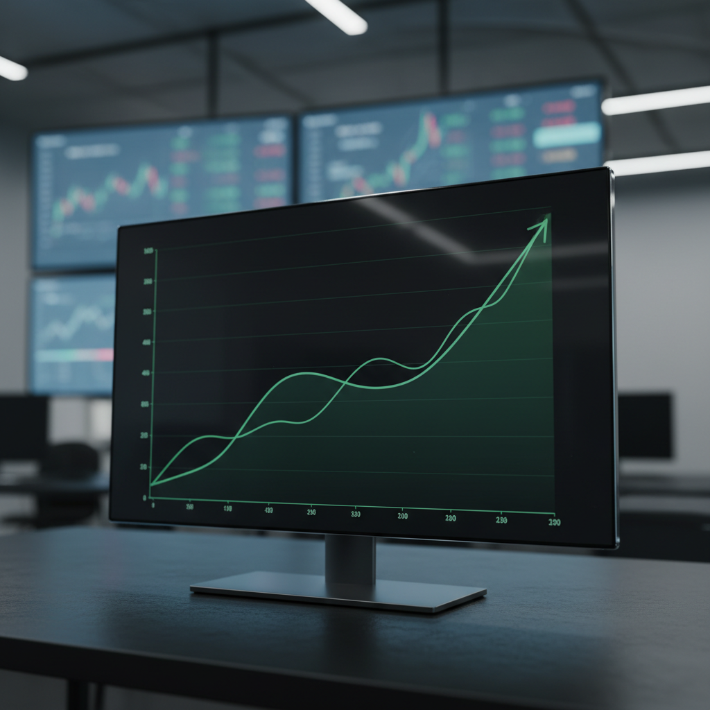 A sleek, dark green line chart with smooth, ascending curves representing market growth, displayed on a thin, bezel-less glass monitor resting on a matte black desk surface. In the background, softly blurred financial dashboards and muted blue graphs glow faintly on larger wall-mounted screens. Cool, diffused office lighting reflects subtly on the monitor’s glossy edges, creating clean highlights without glare. Shot at an eye-level angle with a shallow depth of field that keeps the main chart in razor-sharp focus, the composition uses the rule of thirds for balance. The mood is professional, analytical, and optimistic, with photographic realism and a clean, modern aesthetic that conveys clear, data-driven money momentum.